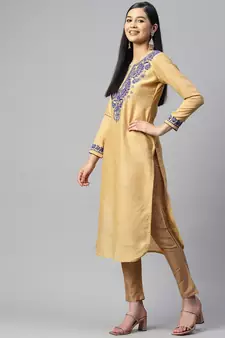 Beige artsilk kurti with blue chikankari embroidery