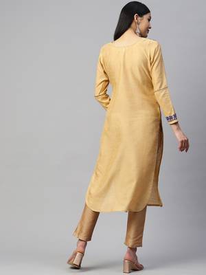 Beige artsilk kurti with blue chikankari embroidery 4