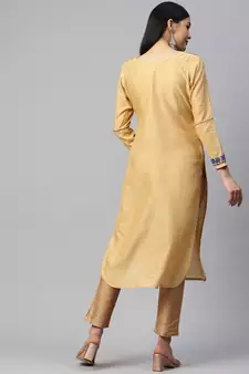 Beige artsilk kurti with blue chikankari embroidery