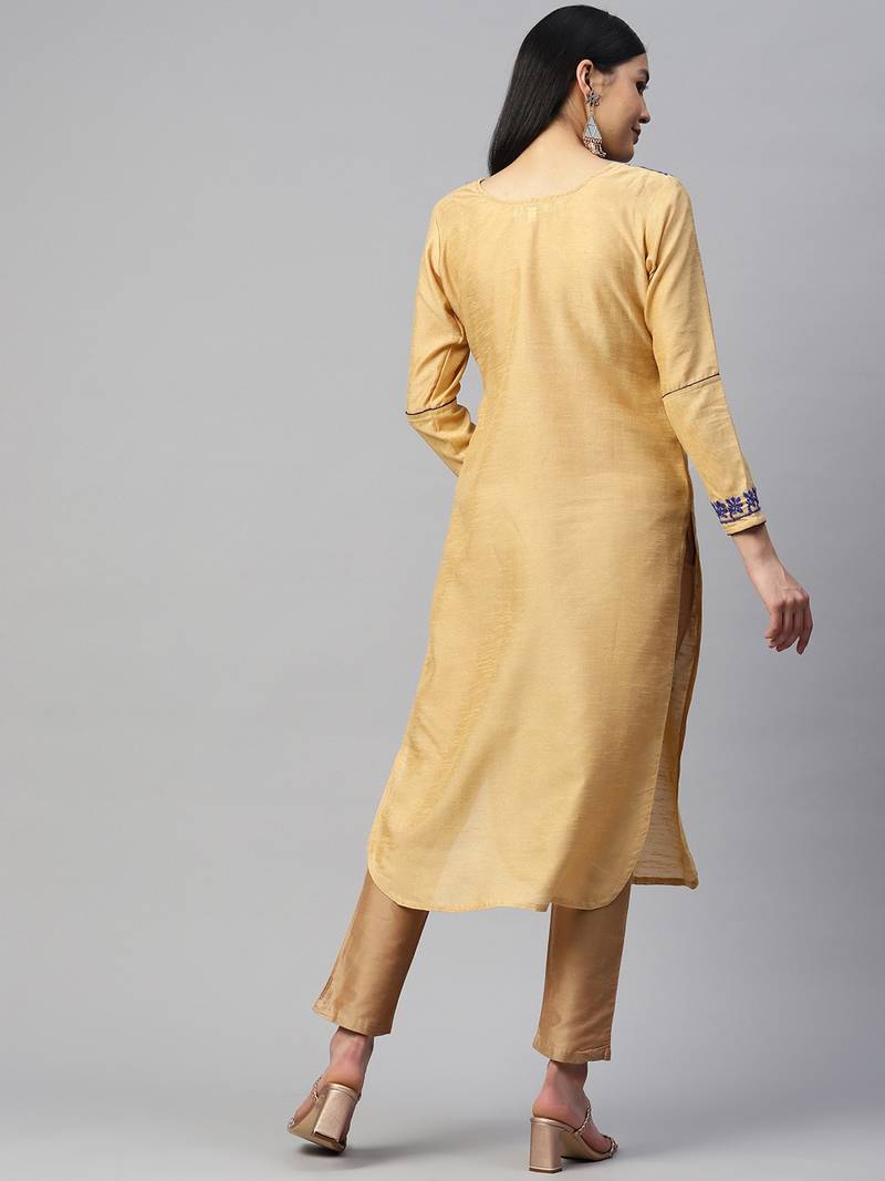 Beige artsilk kurti with blue chikankari embroidery
