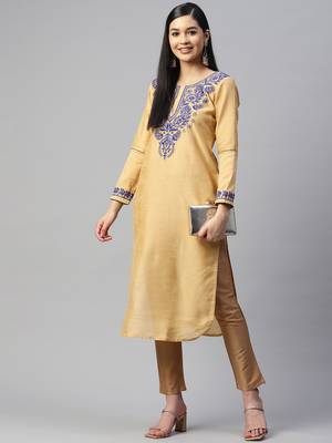 Beige artsilk kurti with blue chikankari embroidery 5