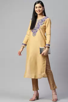 Beige artsilk kurti with blue chikankari embroidery