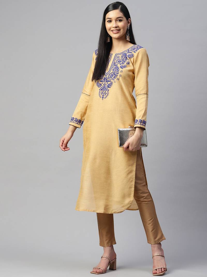 Beige artsilk kurti with blue chikankari embroidery