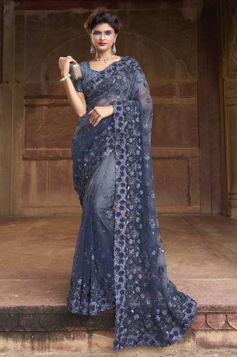 Blue embroidered net saree with blouse