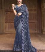 Blue embroidered net saree with blouse