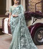 Sea Green Embroidered Net Saree With Blouse