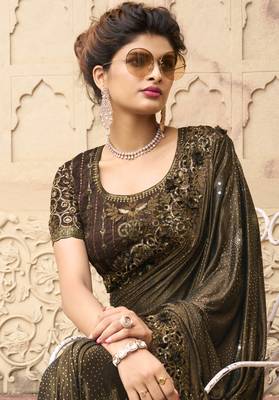 Chocolate embroidered fancy fabric saree with blouse 2