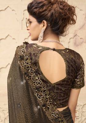 Chocolate embroidered fancy fabric saree with blouse 3