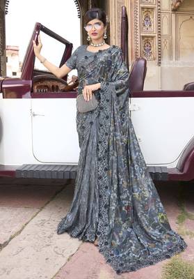 Grey Embroidered Net Saree With Blouse 1