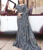Grey Embroidered Net Saree With Blouse