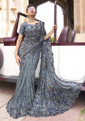 Grey Embroidered Net Saree With Blouse 2