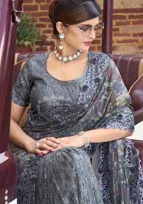 Grey Embroidered Net Saree With Blouse 3