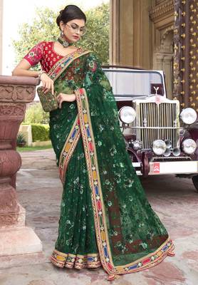Green Embroidered Net Saree With Blouse 1