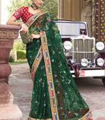 Green Embroidered Net Saree With Blouse