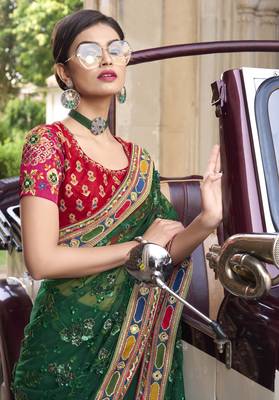 Green Embroidered Net Saree With Blouse 2