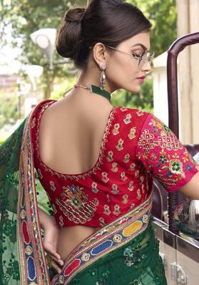 Green Embroidered Net Saree With Blouse 3