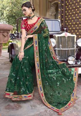 Green Embroidered Net Saree With Blouse 4
