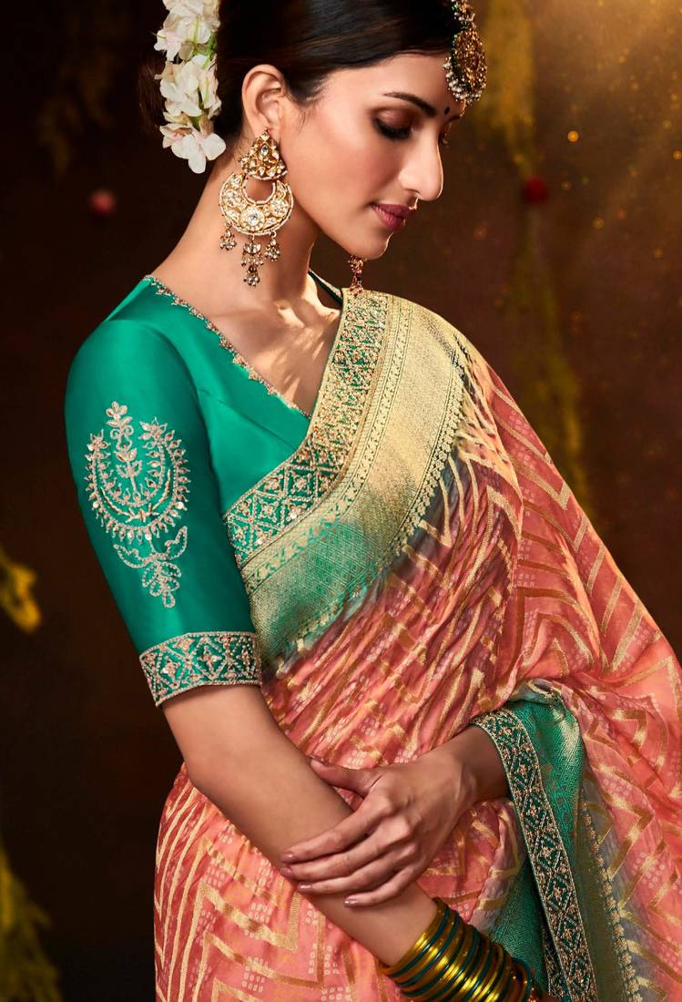 Peach woven silk saree with blouse
