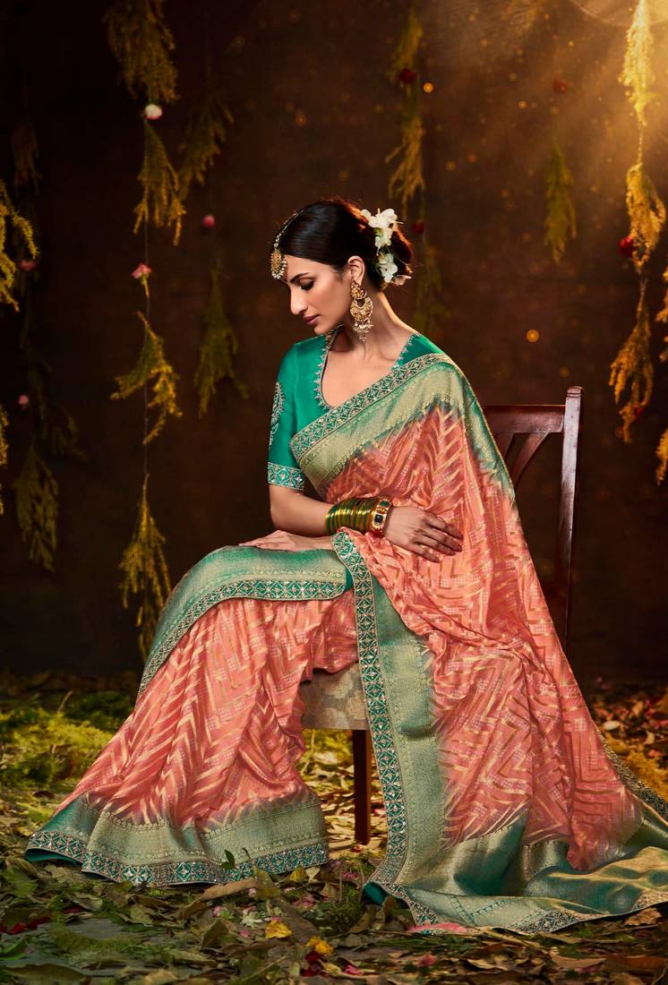Peach woven silk saree with blouse