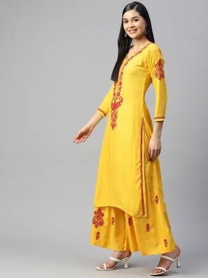 Yellow chikankari sharara suit set with pink thread work (set of 2) 4