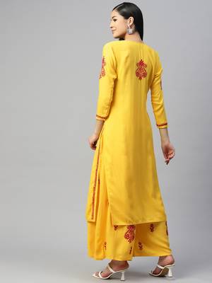 Yellow chikankari sharara suit set with pink thread work (set of 2) 5