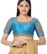 Salwar Studio Women's Peacock Blue  Silk Blend Embroidered Readymade Saree Blouse
