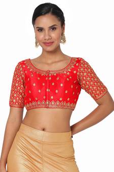 Salwar Studio Women's Red Silk Blend Embroidered Readymade Saree Blouse