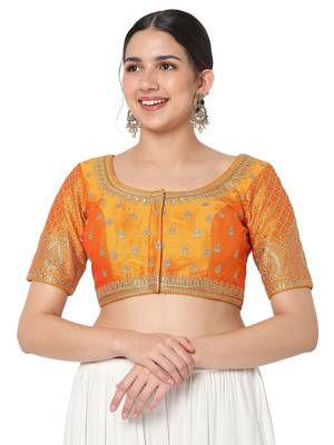 Salwar Studio Women's Mustard Silk Blend Embroidered Readymade Saree Blouse 1