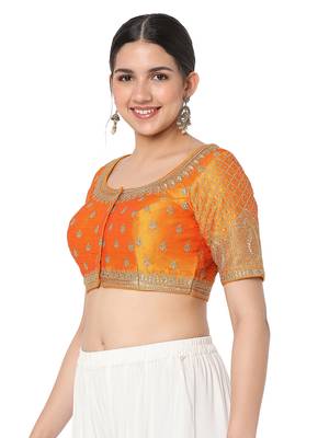 Salwar Studio Women's Mustard Silk Blend Embroidered Readymade Saree Blouse 3