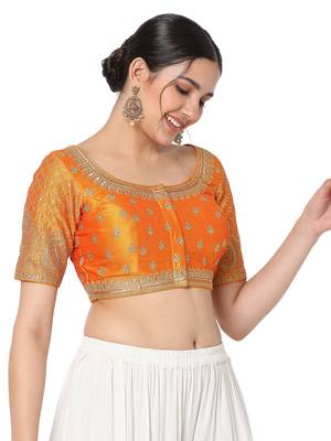 Salwar Studio Women's Mustard Silk Blend Embroidered Readymade Saree Blouse 4