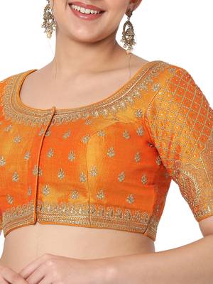 Salwar Studio Women's Mustard Silk Blend Embroidered Readymade Saree Blouse 5