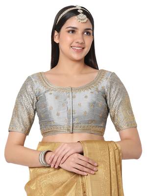 Salwar Studio Women's Grey Silk Blend Embroidered Readymade Saree Blouse 1
