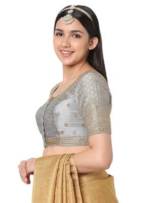 Salwar Studio Women's Grey Silk Blend Embroidered Readymade Saree Blouse 3