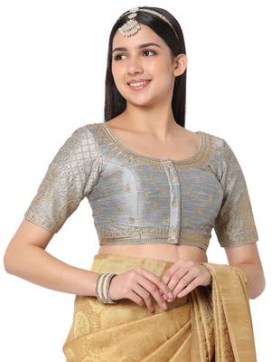 Salwar Studio Women's Grey Silk Blend Embroidered Readymade Saree Blouse 4