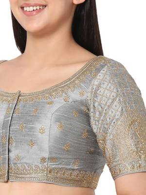 Salwar Studio Women's Grey Silk Blend Embroidered Readymade Saree Blouse 5