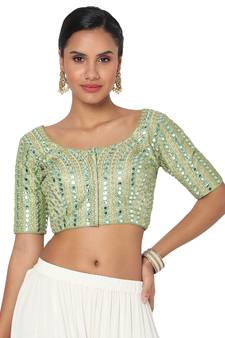Salwar Studio Women's Pista Green Silk Blend Embroidered Readymade Saree Blouse
