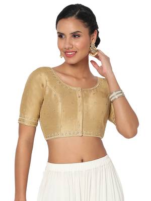 Salwar Studio Women's Gold Silk Blend Embroidered Readymade Saree Blouse 1