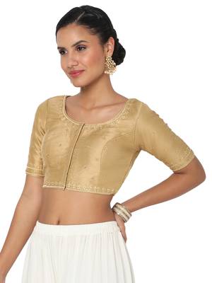 Salwar Studio Women's Gold Silk Blend Embroidered Readymade Saree Blouse 3