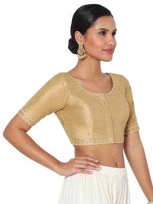 Salwar Studio Women's Gold Silk Blend Embroidered Readymade Saree Blouse 4