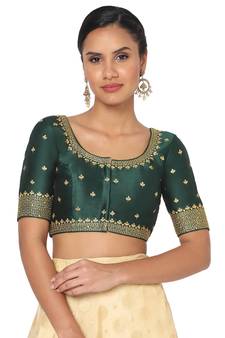 Salwar Studio Women's Bottle Green Silk Blend Embroidered Readymade Saree Blouse