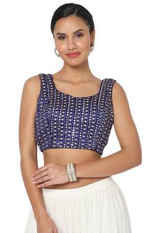 Salwar Studio Women's Navy Blue Silk Blend Embroidered Readymade Saree Blouse