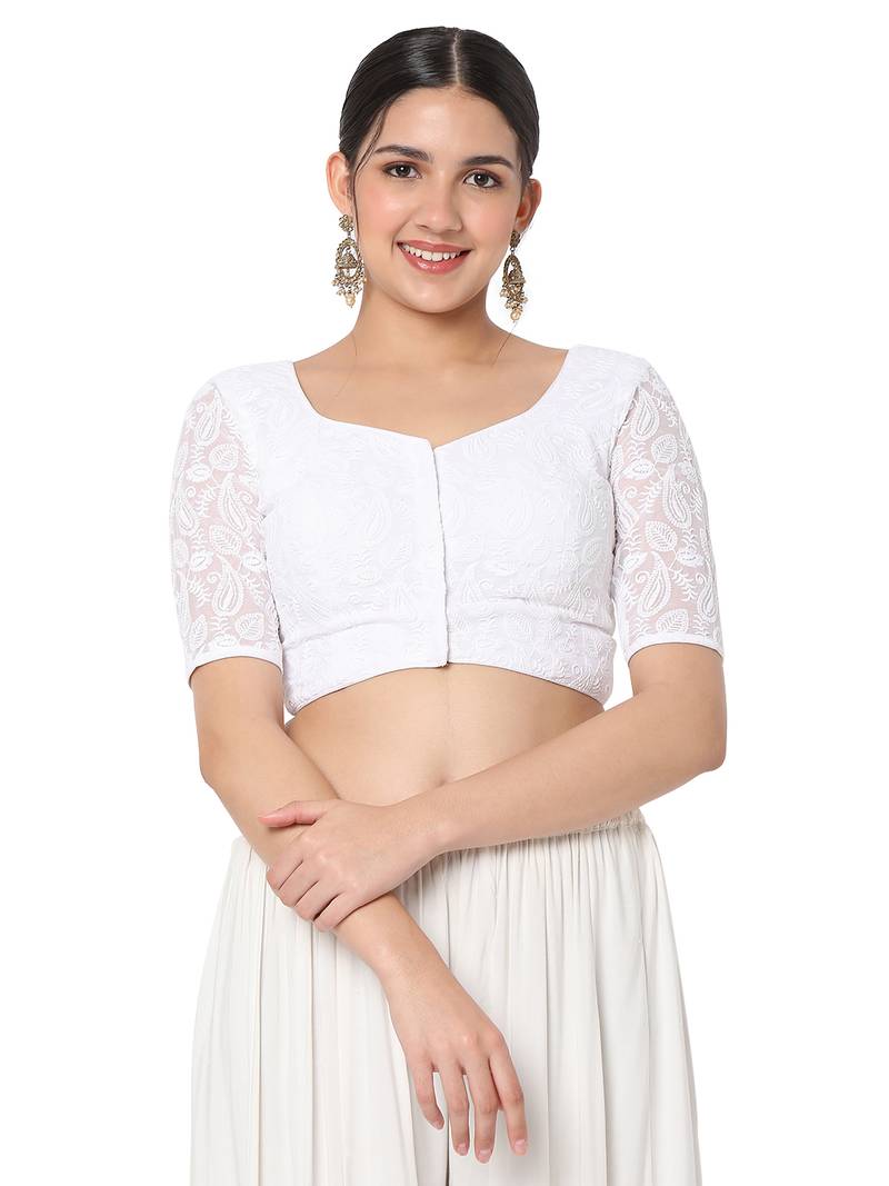 Salwar Studio Women's White Georgette Embroidered Readymade Saree Blouse