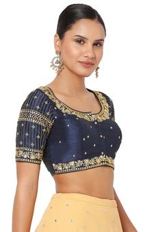Salwar Studio Women's Navy Blue Silk Blend Embroidered Readymade Saree Blouse