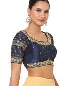 Salwar Studio Women's Navy Blue Silk Blend Embroidered Readymade Saree Blouse