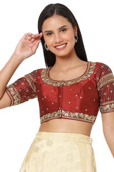 Salwar Studio Women's Maroon Silk Blend Embroidered Readymade Saree Blouse