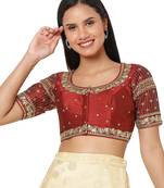 Salwar Studio Women's Maroon Silk Blend Embroidered Readymade Saree Blouse