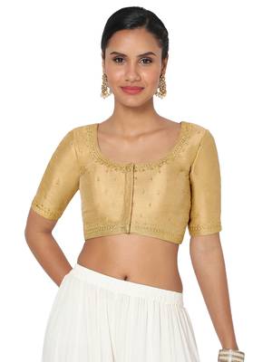 Salwar Studio Women's Gold Silk Blend Embroidered Readymade Saree Blouse 1