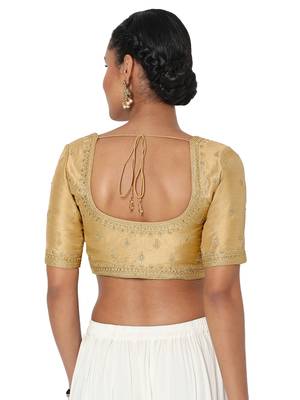 Salwar Studio Women's Gold Silk Blend Embroidered Readymade Saree Blouse 2