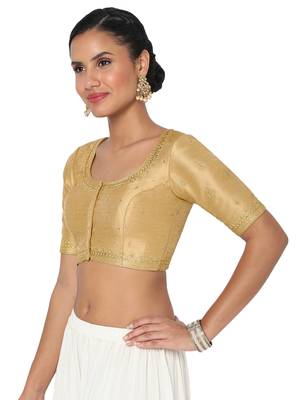 Salwar Studio Women's Gold Silk Blend Embroidered Readymade Saree Blouse 3