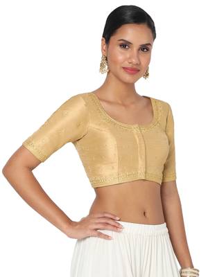 Salwar Studio Women's Gold Silk Blend Embroidered Readymade Saree Blouse 4